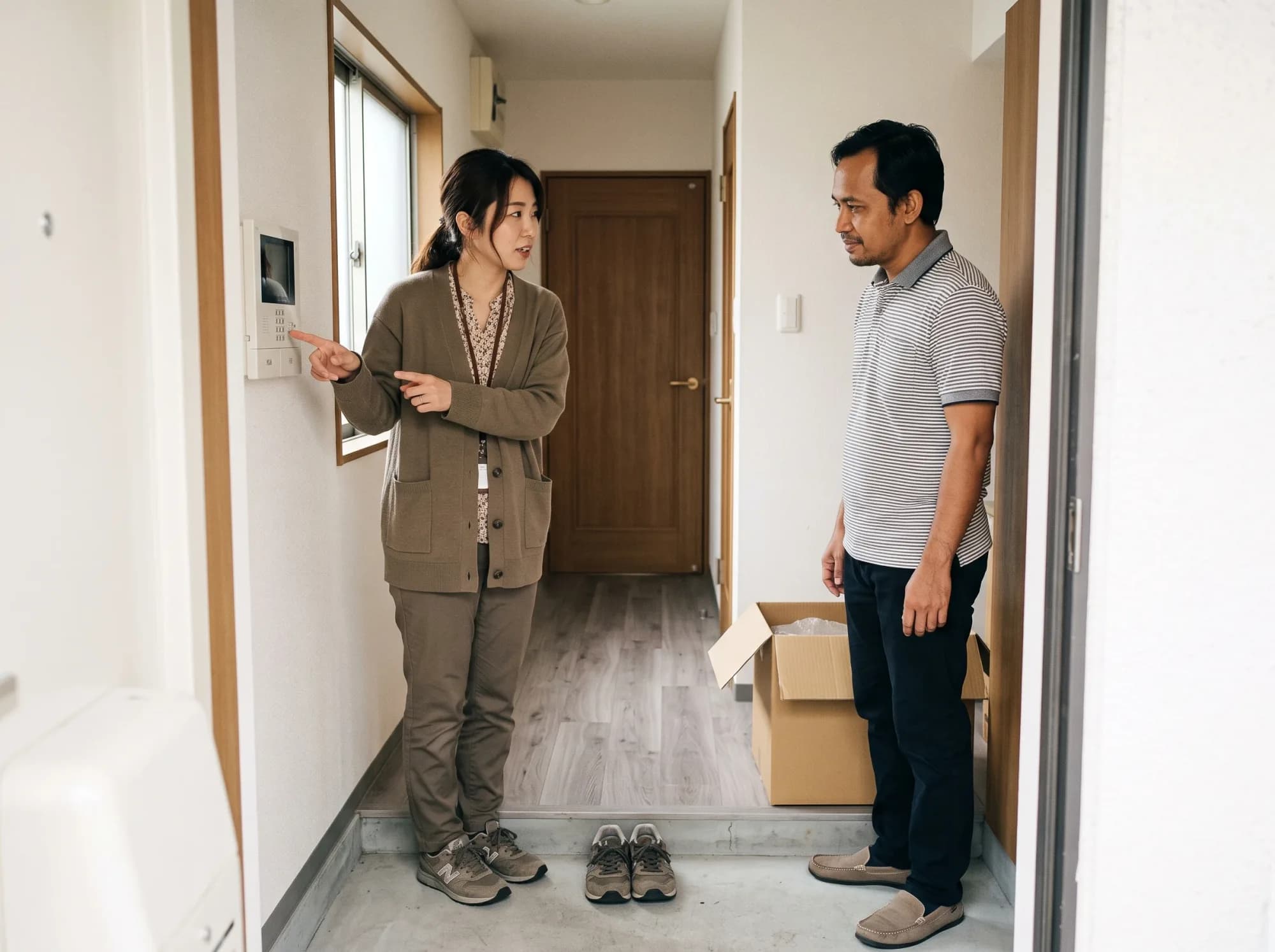 住居の説明を受ける外国人材